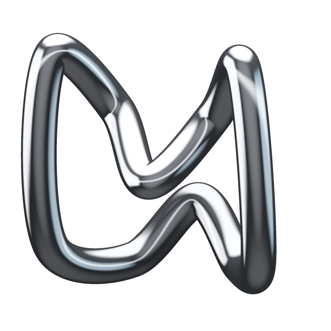 A liquid chrome sigil shaped like the letter M, the Studio Merlin mark