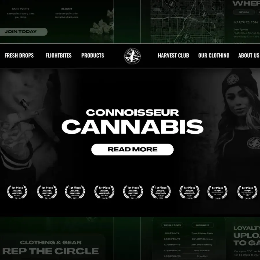 The Grower Circle online store with dark art direction and award laurels