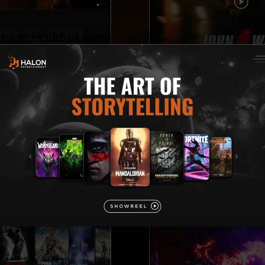 Halon film studio website titled The Art of Storytelling with film posters